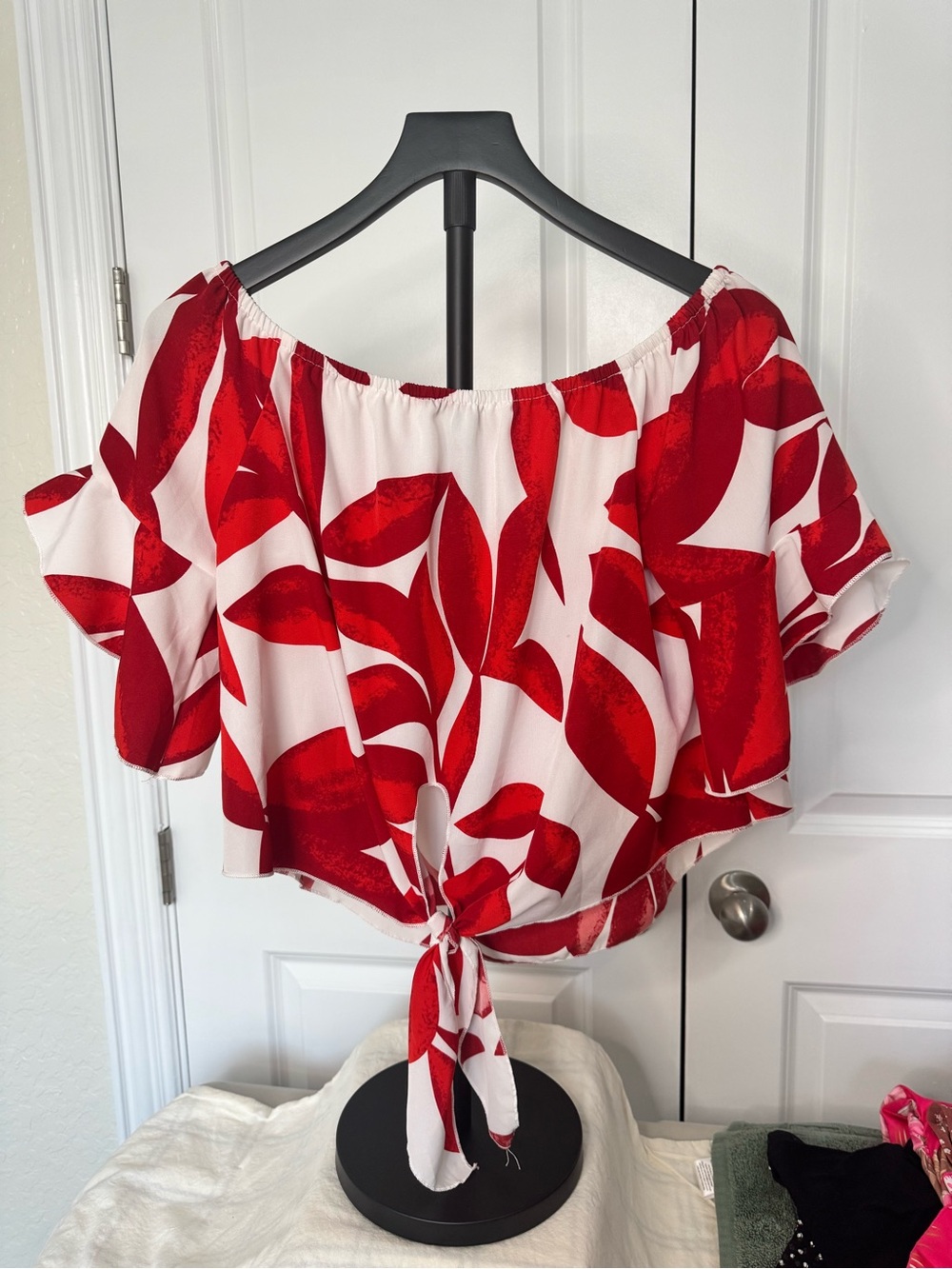 SHEIN Red and White Off-Shoulder Tie-Front Crop Top